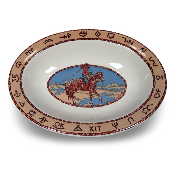 Pipestone Cow Camp Vegetable Bowl 12" Cowboy Horse Scene Oval Buckeye Blake - Picture 1 of 8